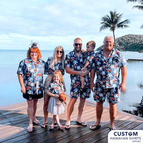 Happy joint 60th Birthday to these crazy cats 🌴🤍 who definitely know how to celebrate in style 🍾😍 wearing personalised 'face' shirts featuring palms and added the Union Jack in to celebrate their heritage. At Orpheus Island, FNQ. 100% Cotton Coconut embossed buttons