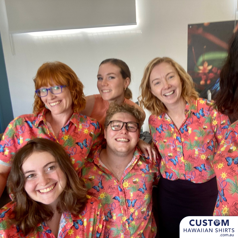 Move Online Marketing - Personalised Uniforms for this amazing company in Townsville, Qld. They supplied their own artwork that features the Ulysses butterfly from Dunk Island and they also have a version in blue as they were so happy with the quality. Loving all their team pics. If you need some digital agency work we highly recommend this awesome crew.  Soft touch rayon Chest pocket Coconut buttons