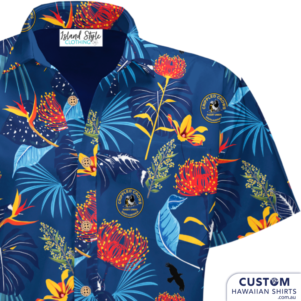 Crippled Crows Master Rugby Club, SA - Personalised Team Uniforms. They asked for a floral shirt and liked our suggestion to add Australian florals. So this is now an 'Aussie Shirt' not just a Hawaiian shirt. Eye-catching apparel for touring shirts or after-game social events. 100% Cotton Coconut buttons