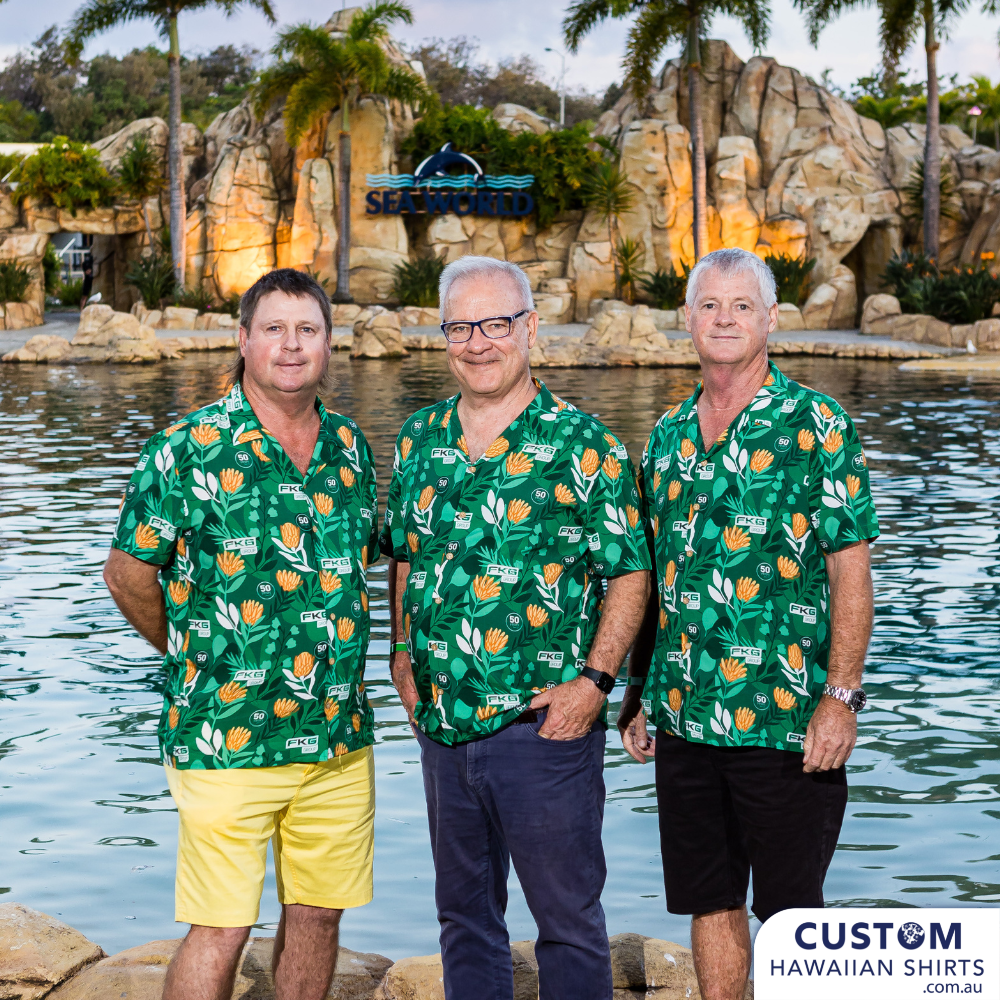 FKG Group celebrated their 50th Anniversary in style at the Sea World Resort on the Gold Coast. They asked for Hawaiian shirts and of course we offered them Australian botanicals. This striking shirt with the main flower being an Aussie Native 'Waratah' appealed with their company colours and logo added. 