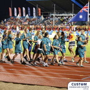 Proud to the Australian Olympic Committee these shirts for the team to wear to the Pacific Games in Samoa 2019. They wanted a shirt that represented Australia - gum leaves and also the host country with hibiscus flowers and tribal motif of course in the Australian team colours. These shirts were worn to the opening and closing ceremonies. 100% Cotton Coconut buttons