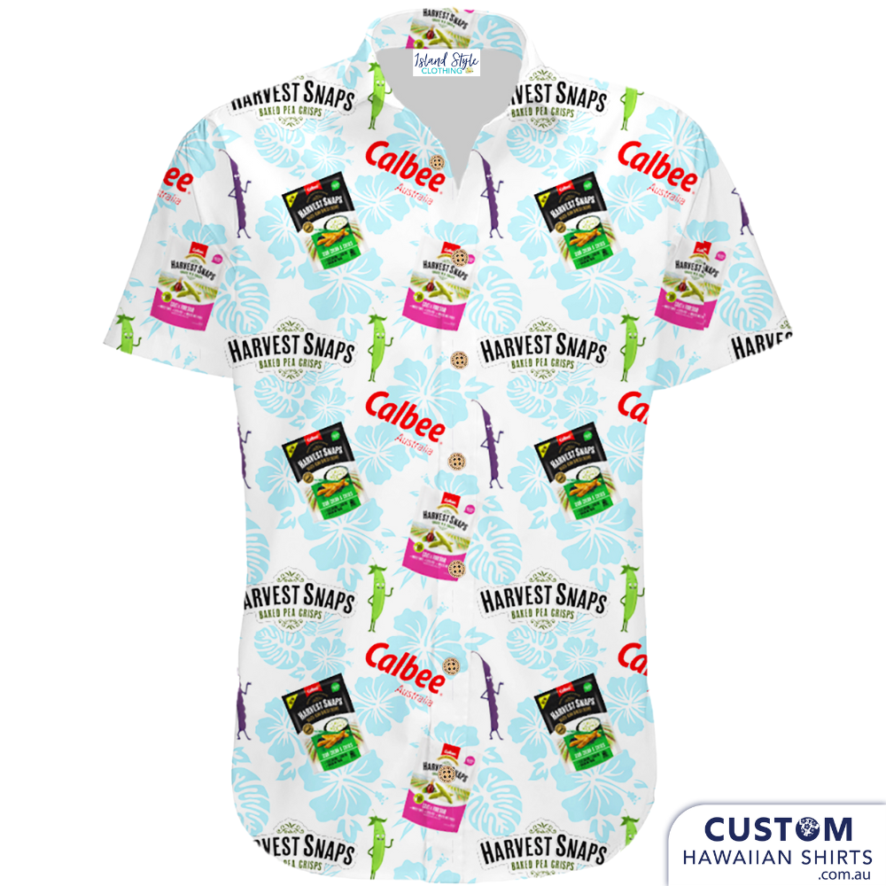 Harvest Snaps said YES PEAS to some groovy Hawaiian shirts for promotional events.   Soft touch rayon Open collar Chest pocket Coconut buttons
