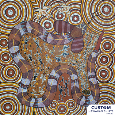 Customised Shirts made for Kuku Bulkaway Indigenous Art Gallery, Cooktown, FNQ. They paint stories they were taught as children about the local bush, food and animals.  They supplied photos of their hand-painted art (original paintings you can view in our photo gallery). From there our clever design team created a seamless pattern and we turned them into wearable art on shirts and shorts. Deadly style! Main feature is Rainbow Snakes