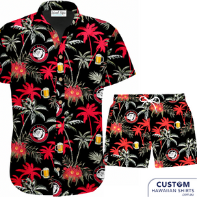 West Football Club 'The Bloods' wanted new uniforms with palms, beers, their logo and some flowers, they like our suggestion for Aussie flowers. We designed and supplied them in mens shirts and shorts.   100% Cotton Coconut buttons